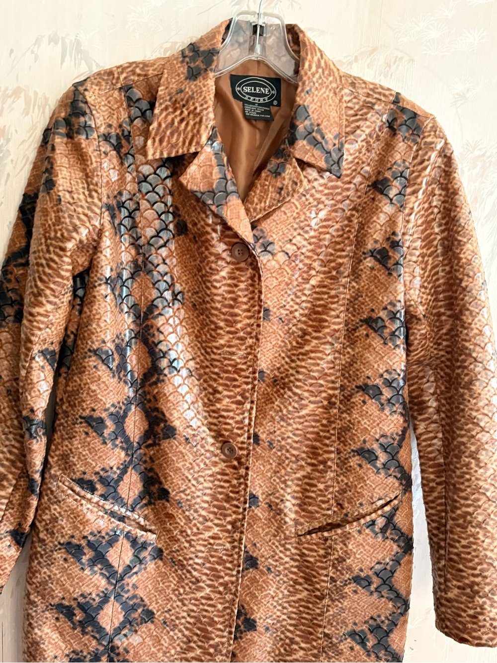 Vintage Selene Sport Faux Leather Snakeskin Print Trench Coat 8